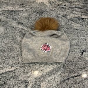 New Custom Designed Gray Slouchy Pom Beanie with Doodle Rose